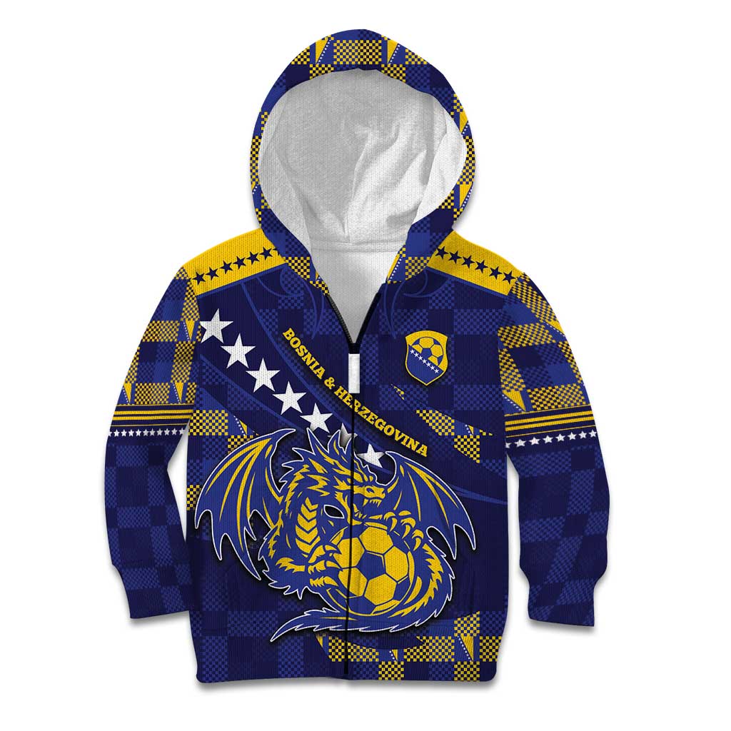 Custom Bosnia And Herzegovina Football Kid Hoodie Fierce Dragon National Stars With Checker Patterns