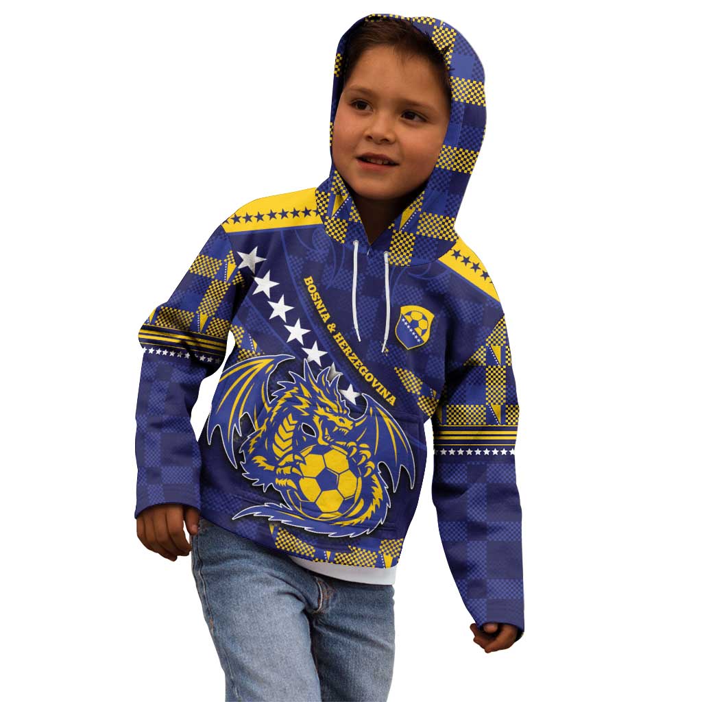 Custom Bosnia And Herzegovina Football Kid Hoodie Fierce Dragon National Stars With Checker Patterns