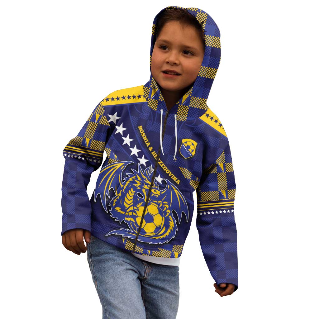 Custom Bosnia And Herzegovina Football Kid Hoodie Fierce Dragon National Stars With Checker Patterns