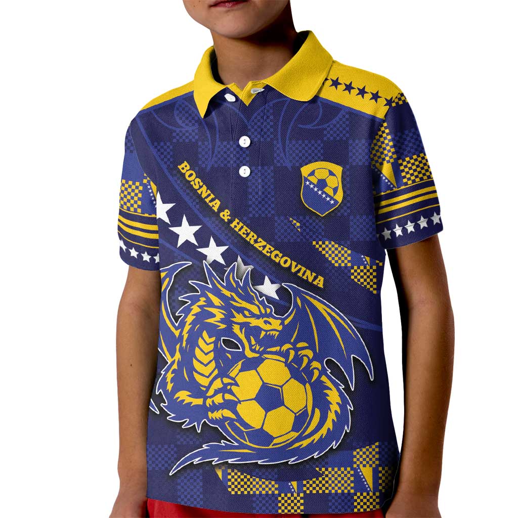 Custom Bosnia And Herzegovina Football Kid Polo Shirt Fierce Dragon National Stars With Checker Patterns