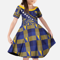 Custom Bosnia And Herzegovina Football Kid Short Sleeve Dress Fierce Dragon National Stars With Checker Patterns