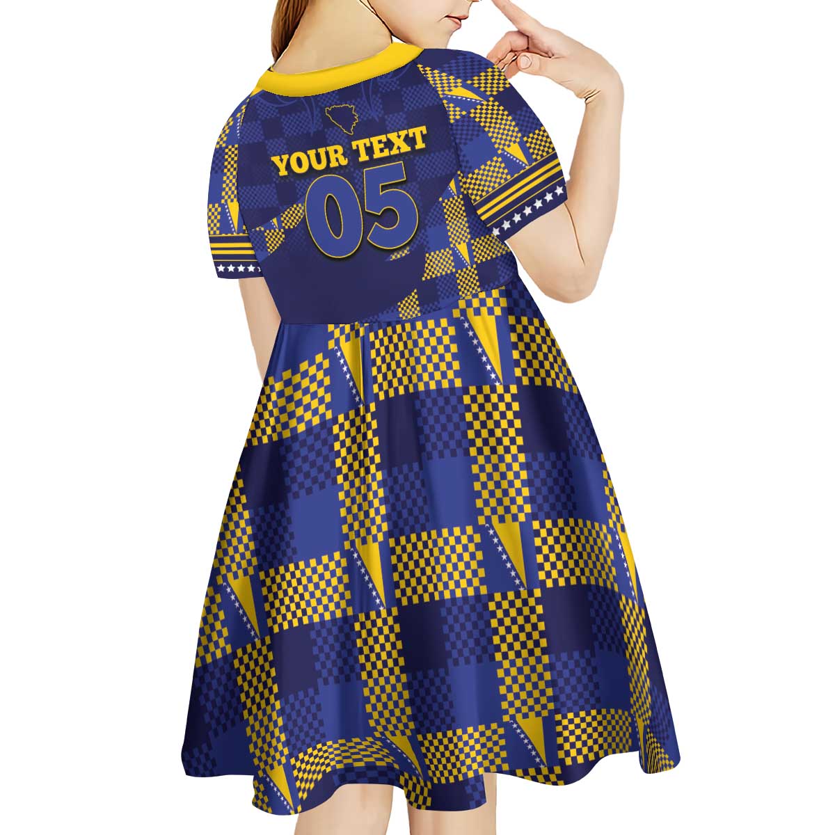 Custom Bosnia And Herzegovina Football Kid Short Sleeve Dress Fierce Dragon National Stars With Checker Patterns