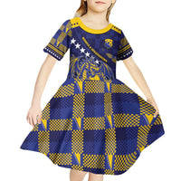 Custom Bosnia And Herzegovina Football Kid Short Sleeve Dress Fierce Dragon National Stars With Checker Patterns