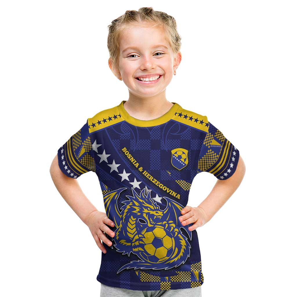 Custom Bosnia And Herzegovina Football Kid T Shirt Fierce Dragon National Stars With Checker Patterns