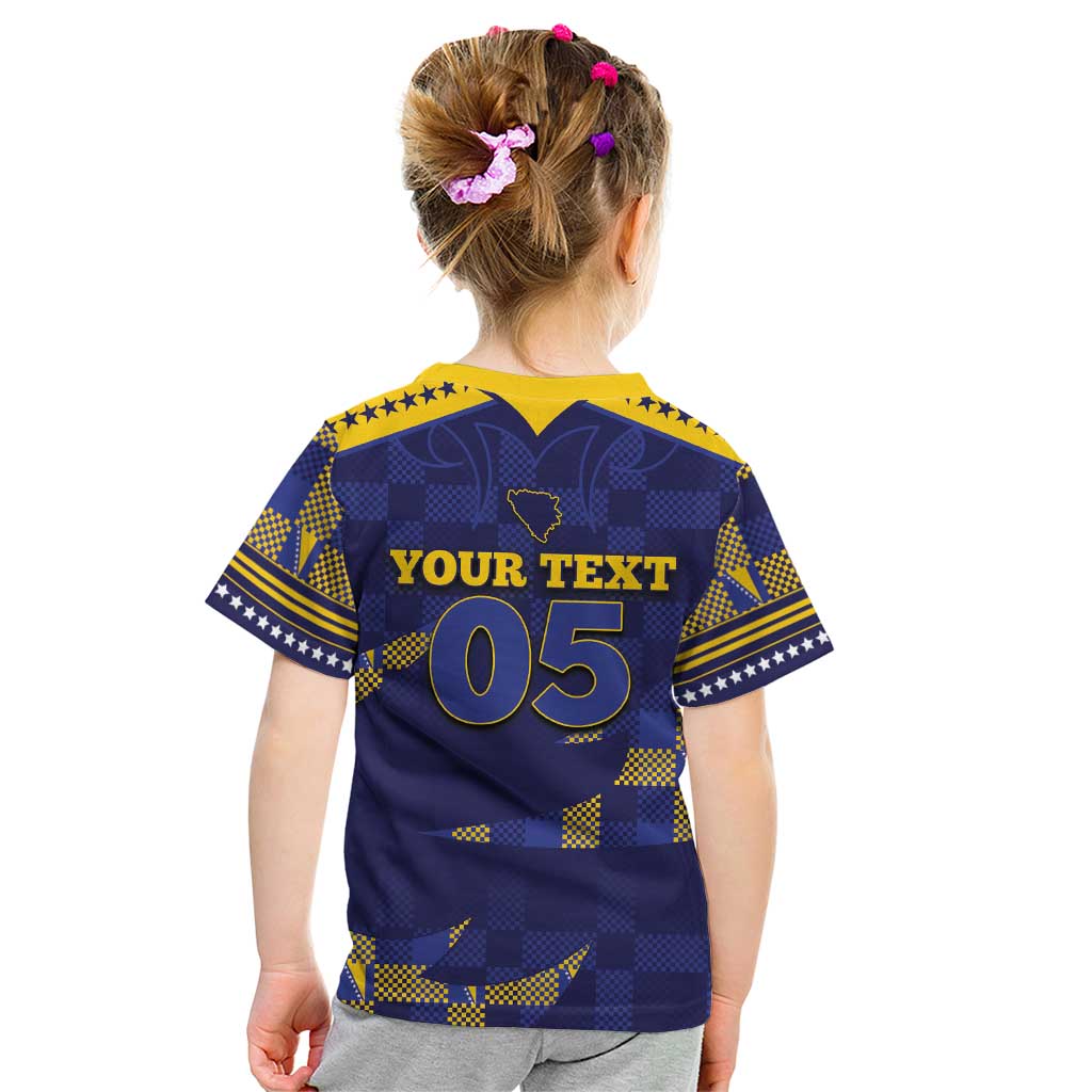 Custom Bosnia And Herzegovina Football Kid T Shirt Fierce Dragon National Stars With Checker Patterns