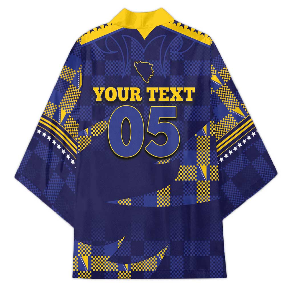 Custom Bosnia And Herzegovina Football Kimono Fierce Dragon National Stars With Checker Patterns