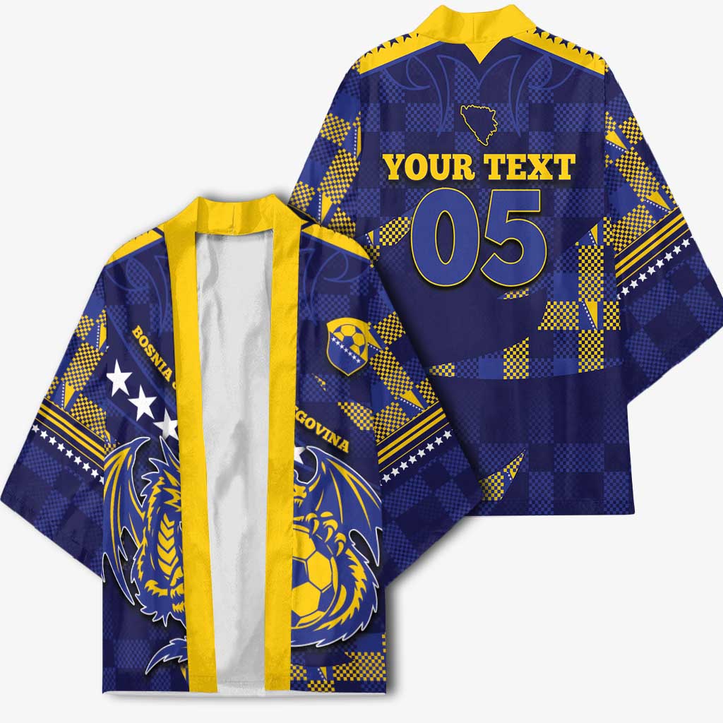 Custom Bosnia And Herzegovina Football Kimono Fierce Dragon National Stars With Checker Patterns