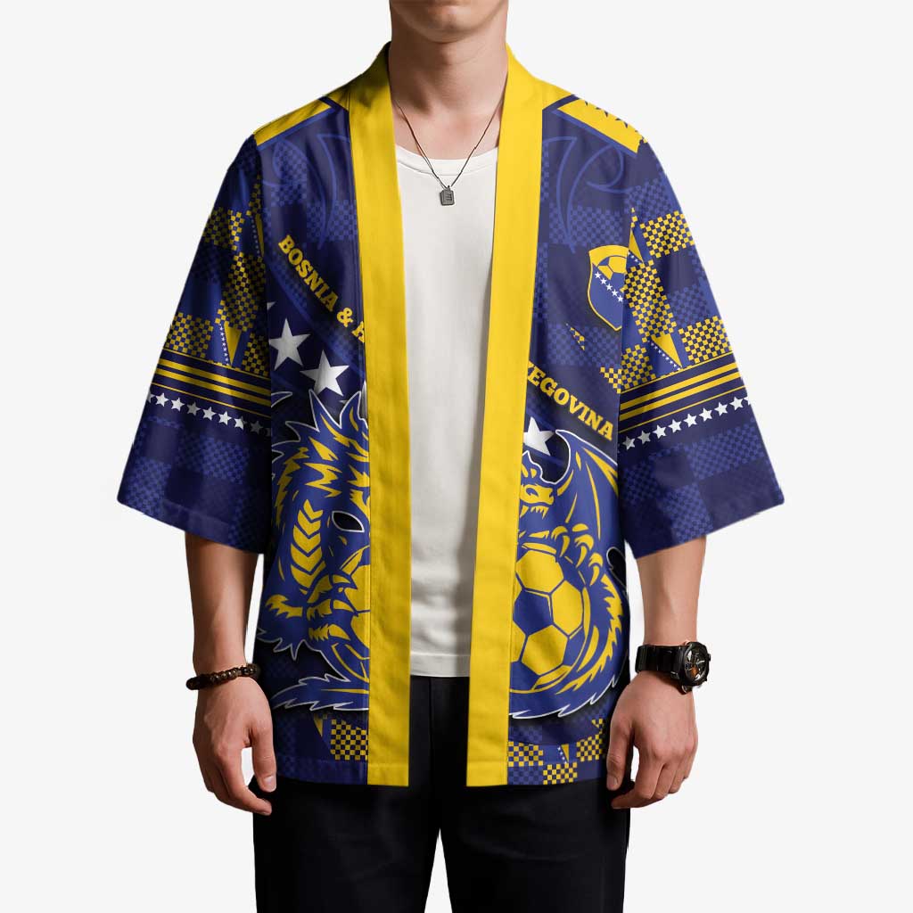 Custom Bosnia And Herzegovina Football Kimono Fierce Dragon National Stars With Checker Patterns