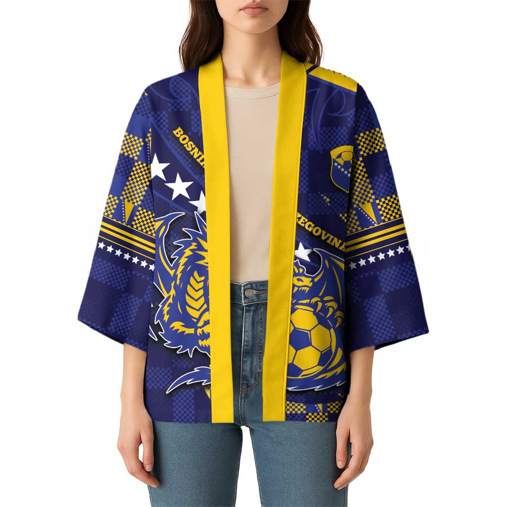 Custom Bosnia And Herzegovina Football Kimono Fierce Dragon National Stars With Checker Patterns