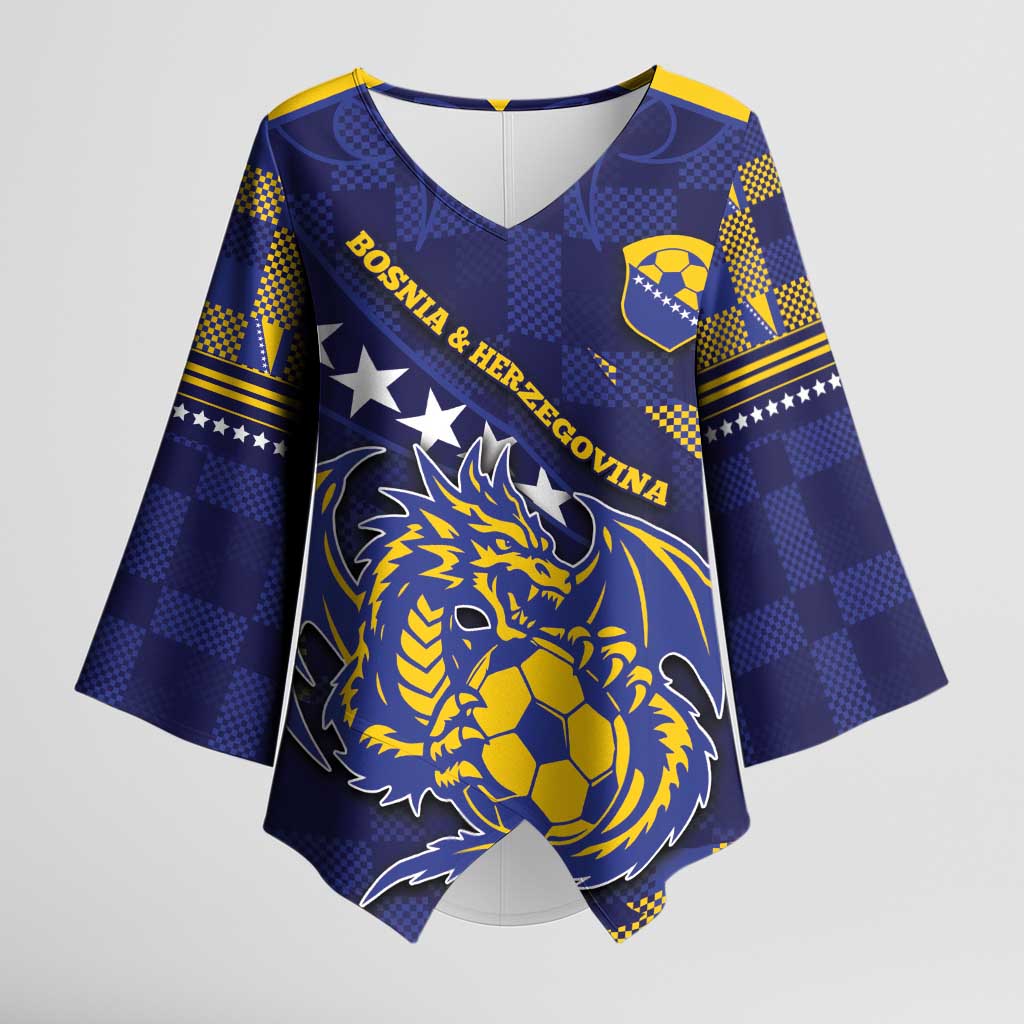 Custom Bosnia And Herzegovina Football Kimono Sleeve Blouse Fierce Dragon National Stars With Checker Patterns