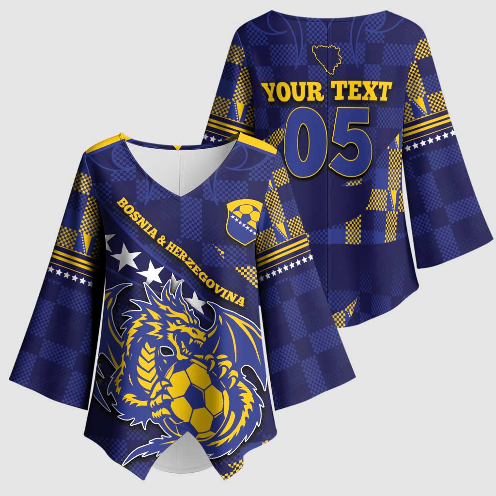Custom Bosnia And Herzegovina Football Kimono Sleeve Blouse Fierce Dragon National Stars With Checker Patterns
