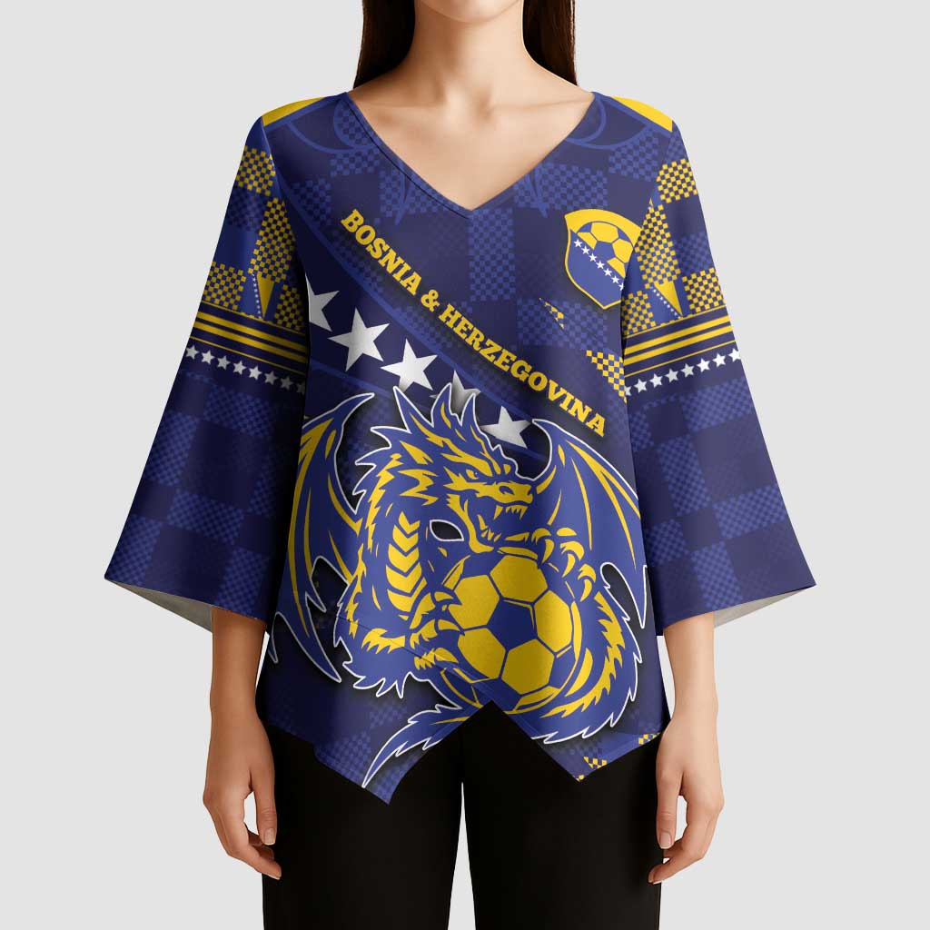 Custom Bosnia And Herzegovina Football Kimono Sleeve Blouse Fierce Dragon National Stars With Checker Patterns