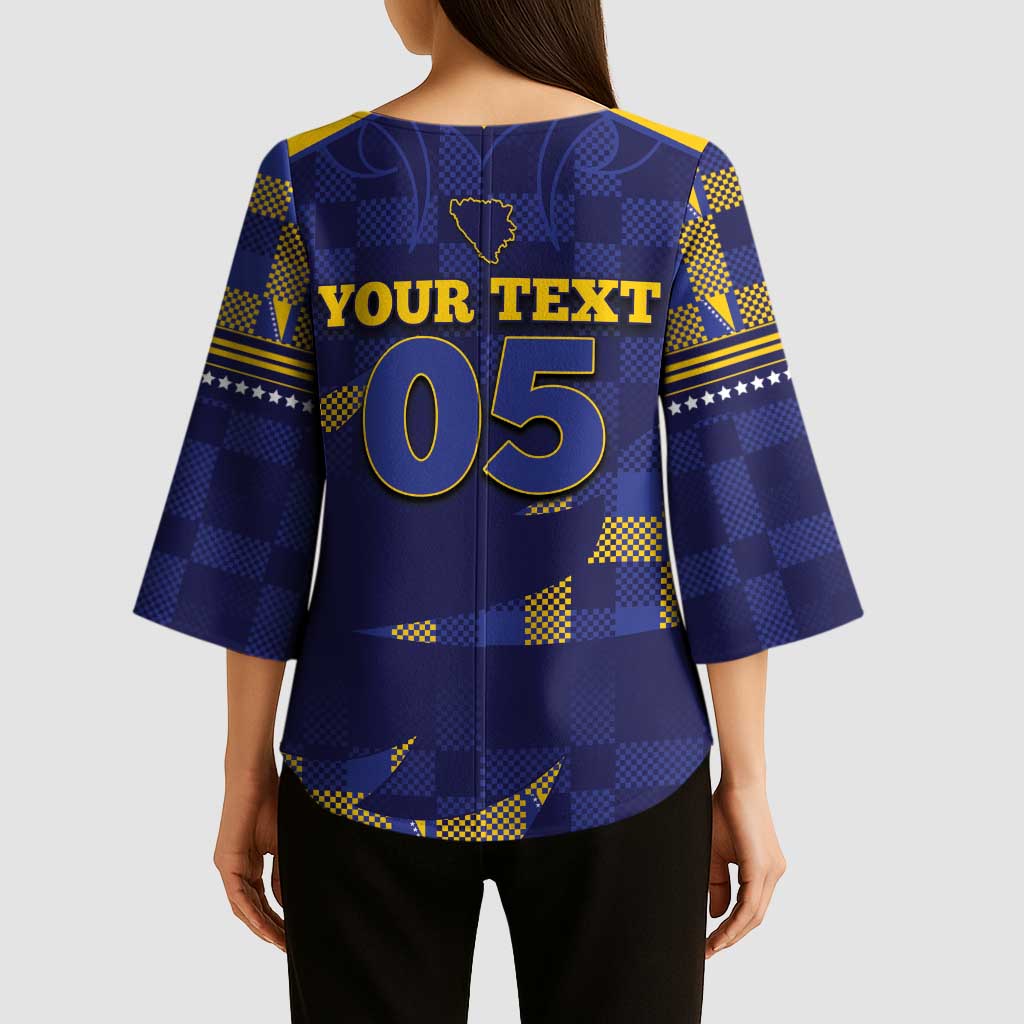 Custom Bosnia And Herzegovina Football Kimono Sleeve Blouse Fierce Dragon National Stars With Checker Patterns