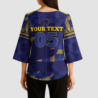 Custom Bosnia And Herzegovina Football Kimono Sleeve Blouse Fierce Dragon National Stars With Checker Patterns