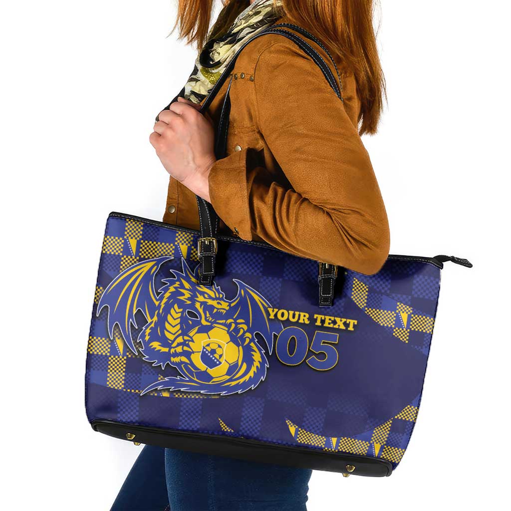 Custom Bosnia And Herzegovina Football Leather Tote Bag Fierce Dragon National Stars With Checker Patterns