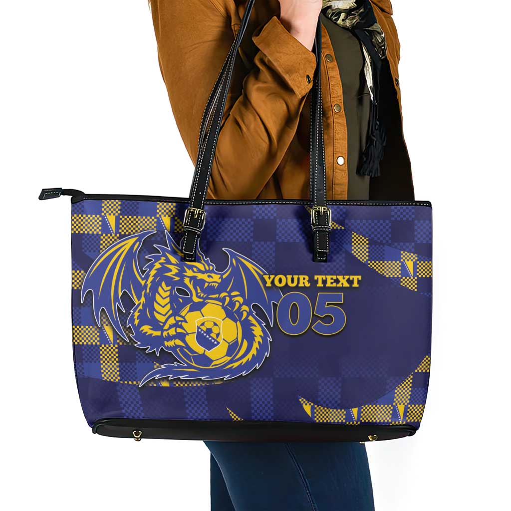 Custom Bosnia And Herzegovina Football Leather Tote Bag Fierce Dragon National Stars With Checker Patterns