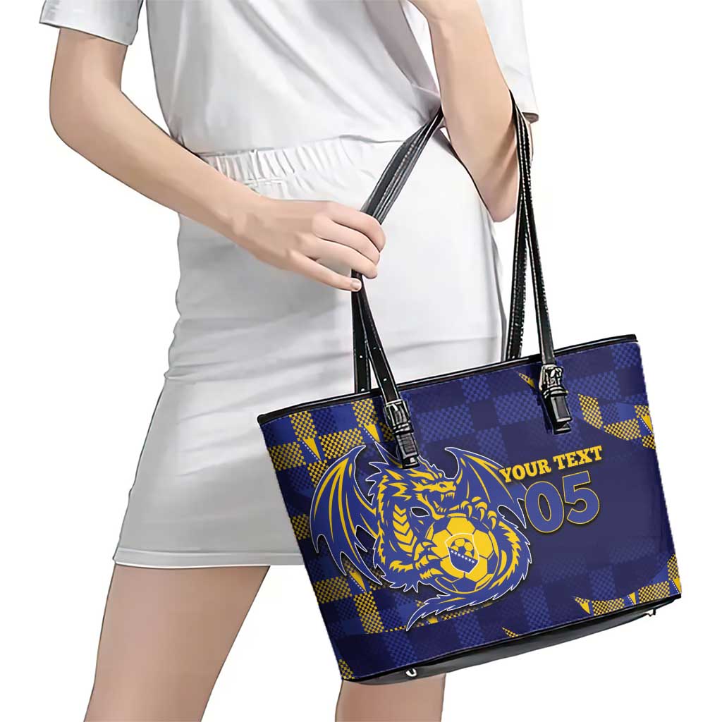 Custom Bosnia And Herzegovina Football Leather Tote Bag Fierce Dragon National Stars With Checker Patterns