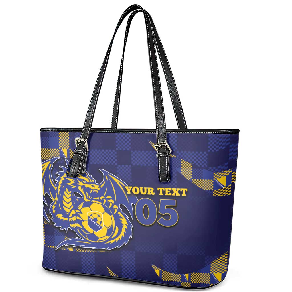 Custom Bosnia And Herzegovina Football Leather Tote Bag Fierce Dragon National Stars With Checker Patterns