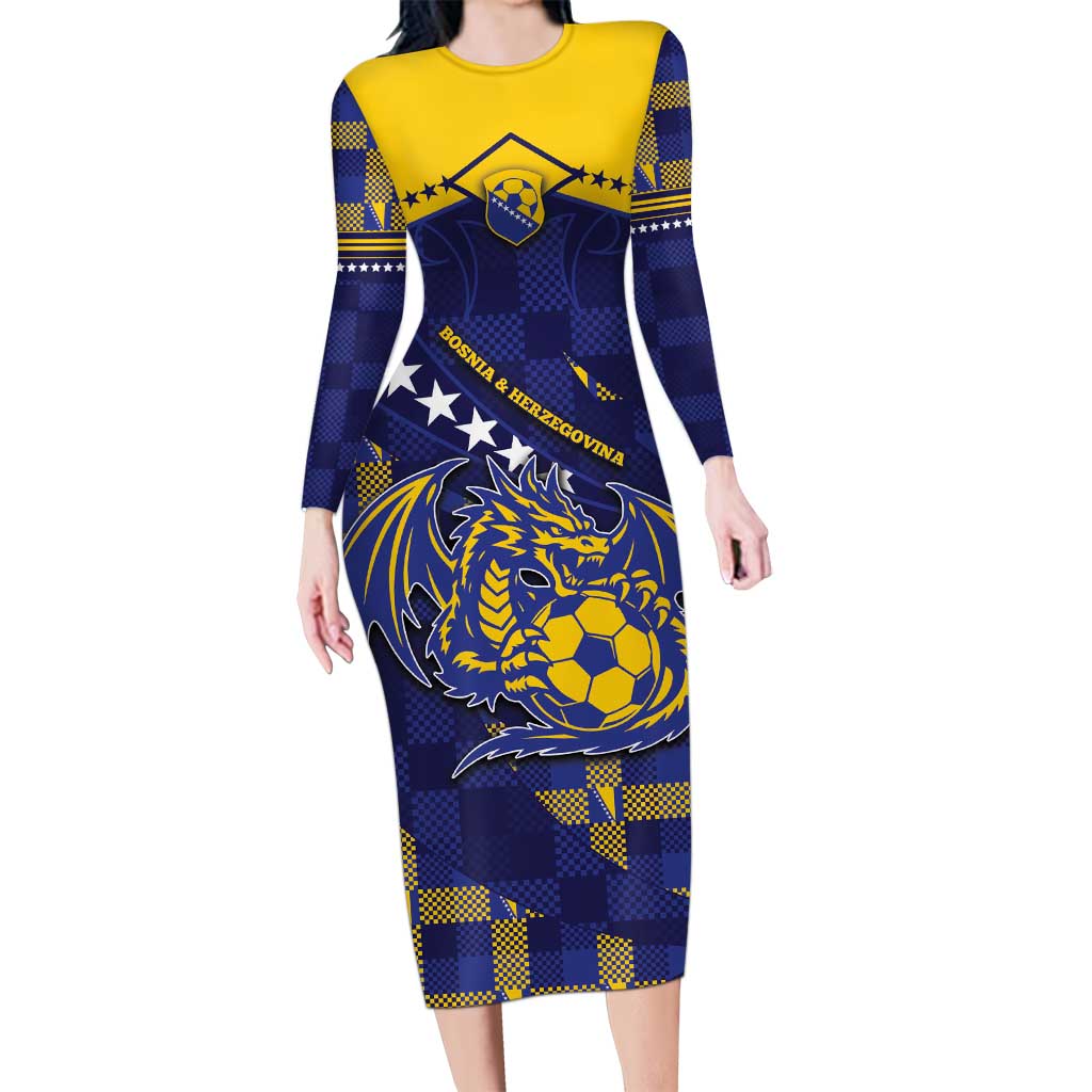 Custom Bosnia And Herzegovina Football Long Sleeve Bodycon Dress Fierce Dragon National Stars With Checker Patterns