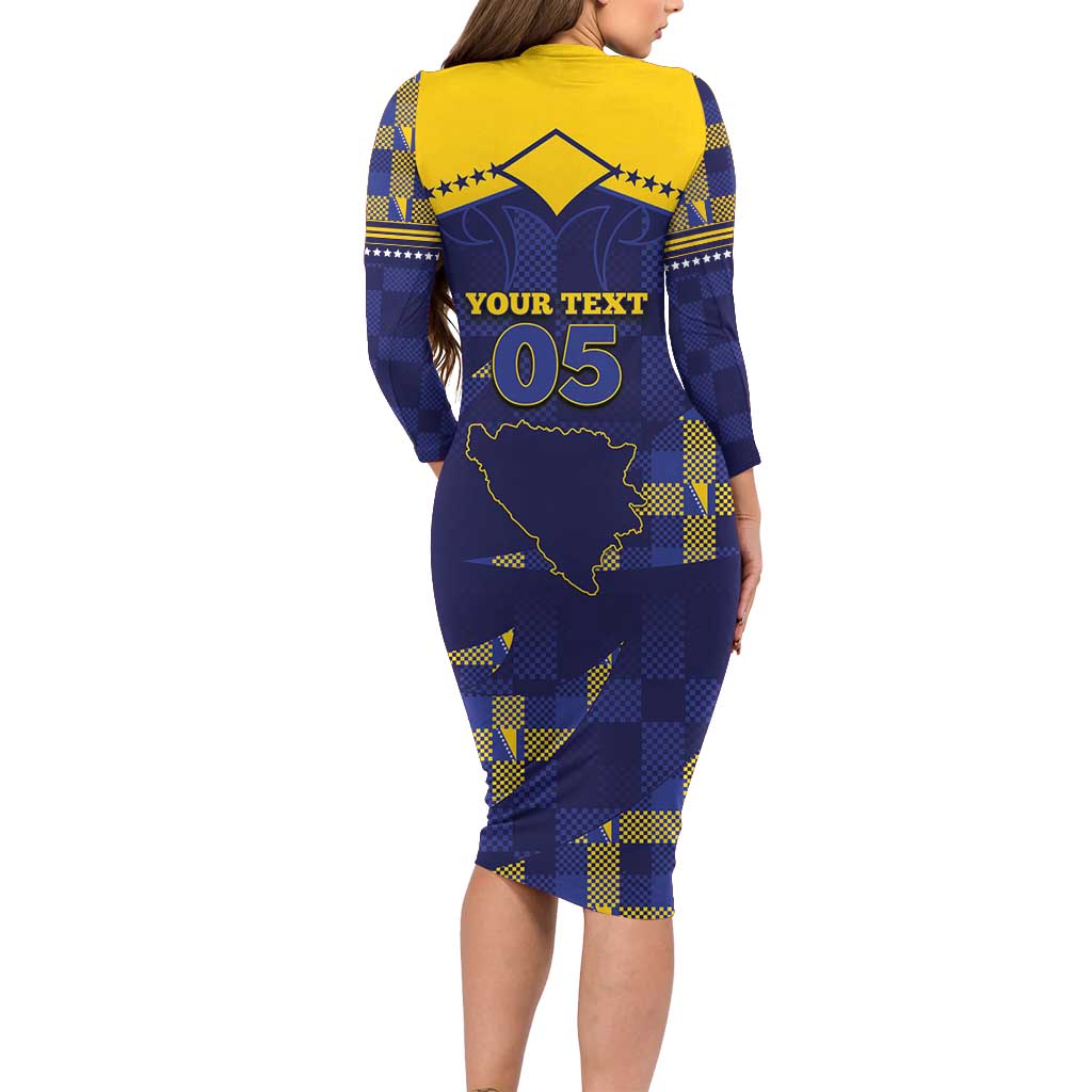 Custom Bosnia And Herzegovina Football Long Sleeve Bodycon Dress Fierce Dragon National Stars With Checker Patterns