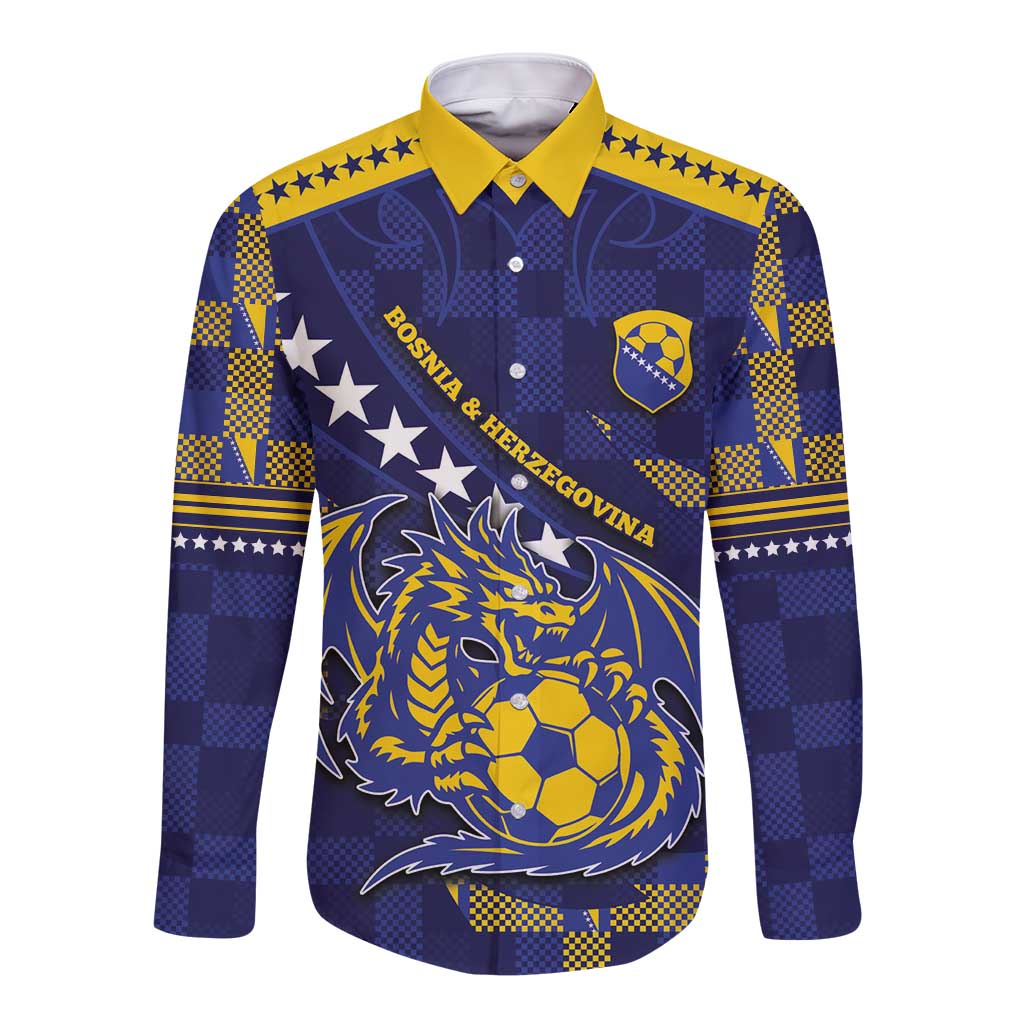 Custom Bosnia And Herzegovina Football Long Sleeve Button Shirt Fierce Dragon National Stars With Checker Patterns
