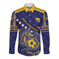 Custom Bosnia And Herzegovina Football Long Sleeve Button Shirt Fierce Dragon National Stars With Checker Patterns
