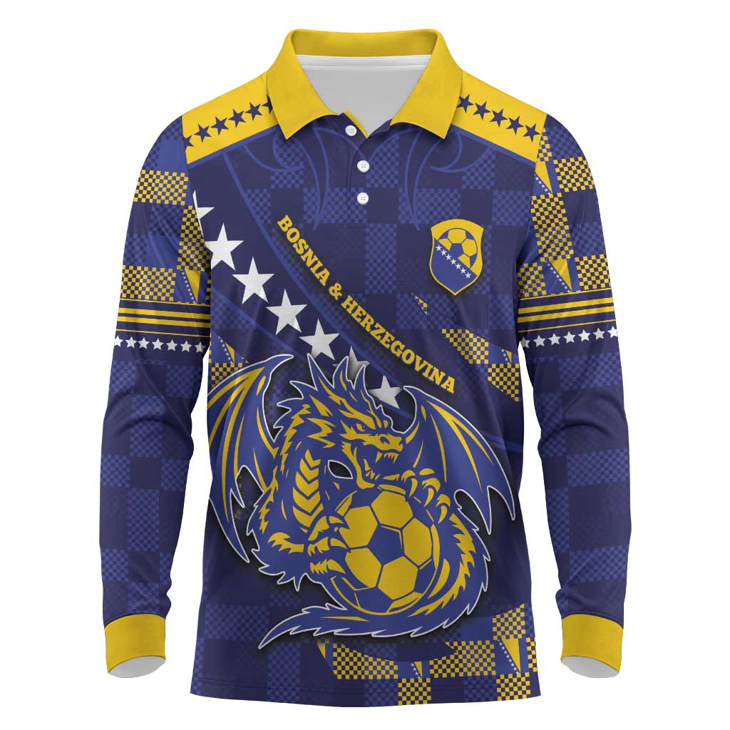Custom Bosnia And Herzegovina Football Long Sleeve Polo Shirt Fierce Dragon National Stars With Checker Patterns