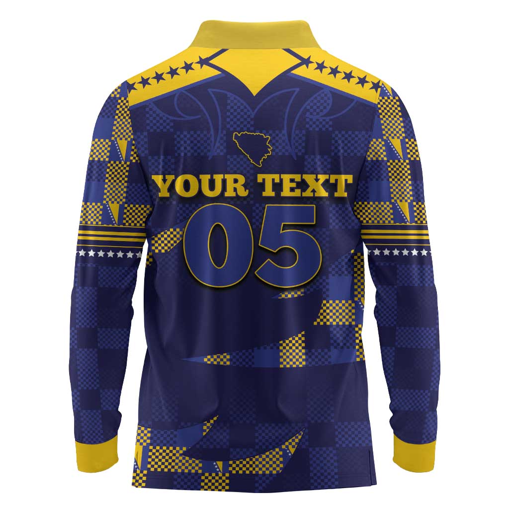 Custom Bosnia And Herzegovina Football Long Sleeve Polo Shirt Fierce Dragon National Stars With Checker Patterns