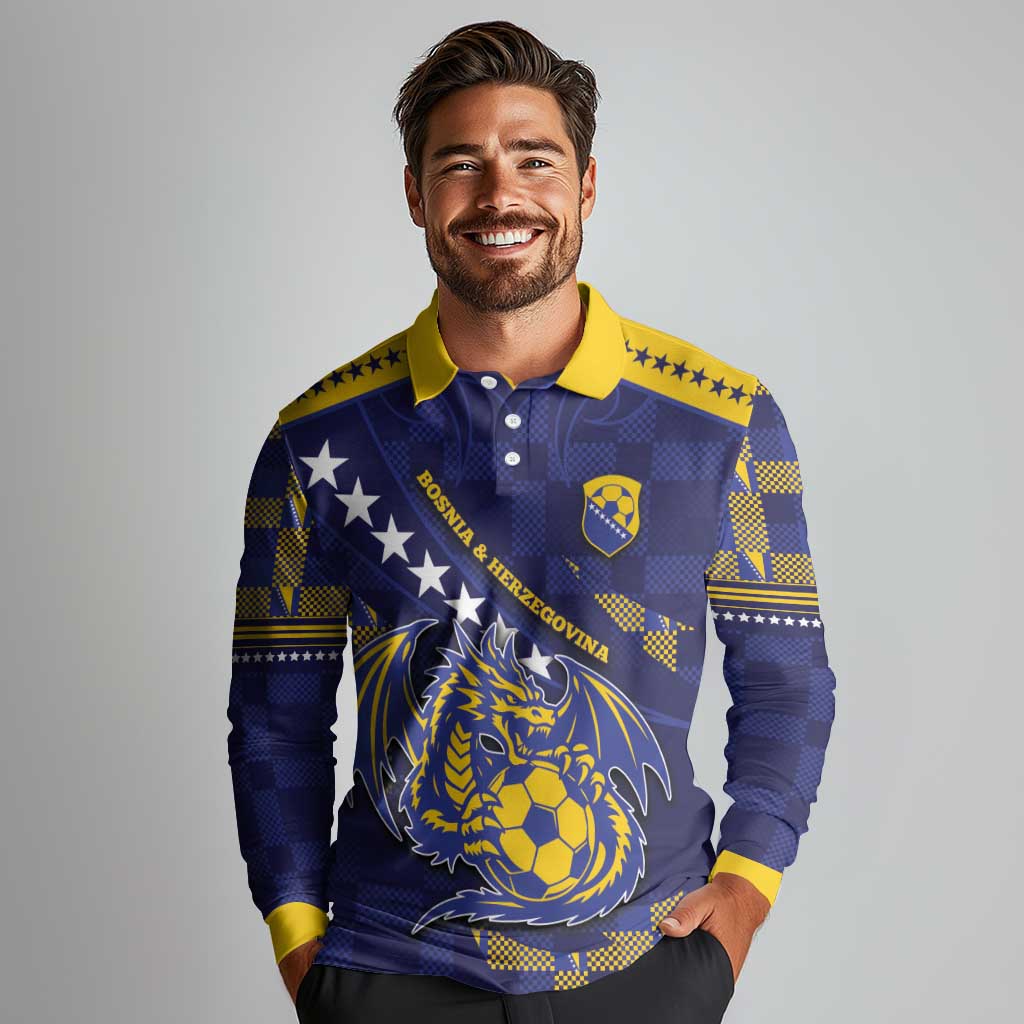 Custom Bosnia And Herzegovina Football Long Sleeve Polo Shirt Fierce Dragon National Stars With Checker Patterns