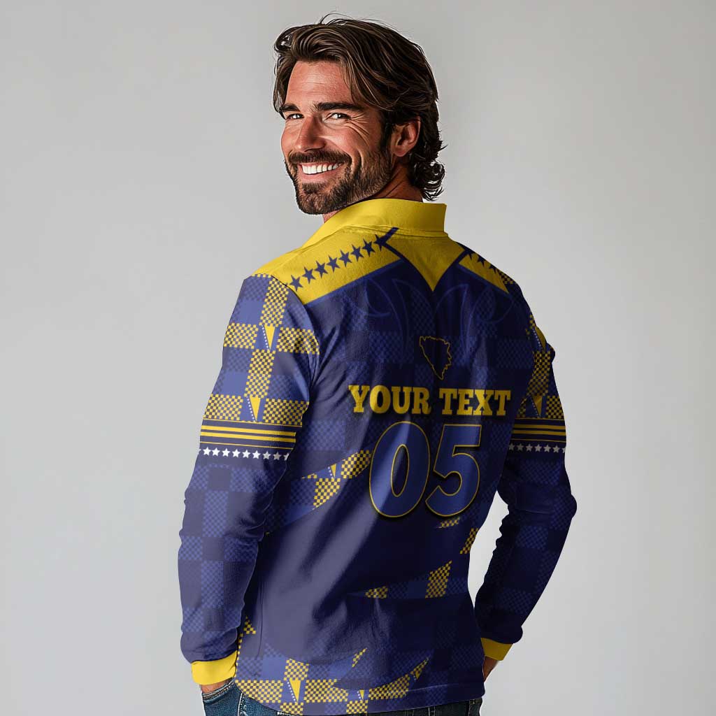 Custom Bosnia And Herzegovina Football Long Sleeve Polo Shirt Fierce Dragon National Stars With Checker Patterns