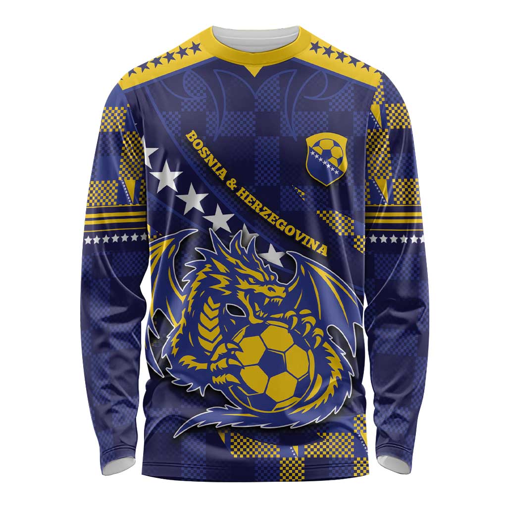 Custom Bosnia And Herzegovina Football Long Sleeve Shirt Fierce Dragon National Stars With Checker Patterns