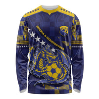 Custom Bosnia And Herzegovina Football Long Sleeve Shirt Fierce Dragon National Stars With Checker Patterns