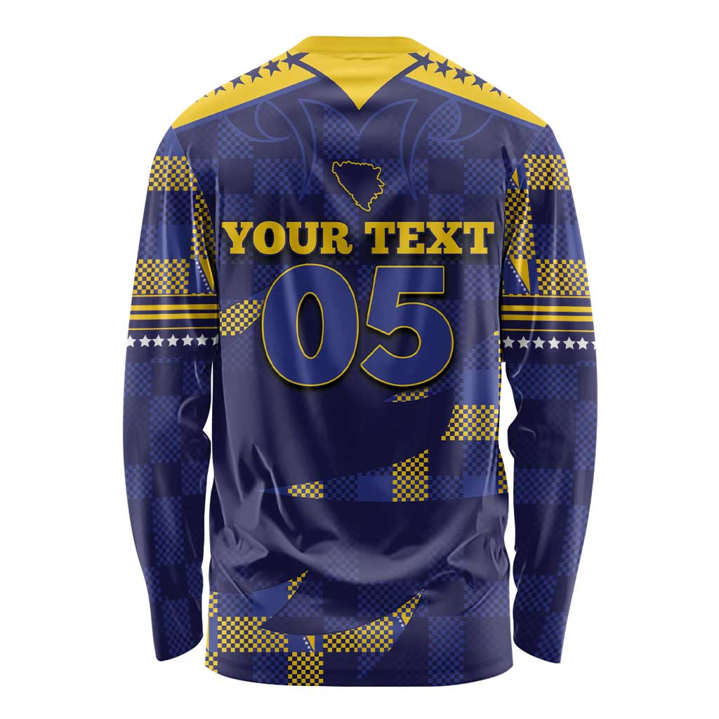 Custom Bosnia And Herzegovina Football Long Sleeve Shirt Fierce Dragon National Stars With Checker Patterns