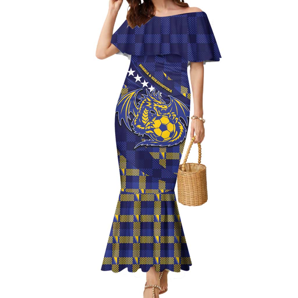 Custom Bosnia And Herzegovina Football Mermaid Dress Fierce Dragon National Stars With Checker Patterns