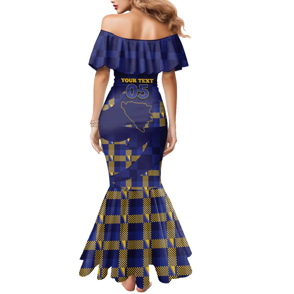 Custom Bosnia And Herzegovina Football Mermaid Dress Fierce Dragon National Stars With Checker Patterns