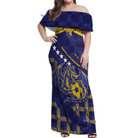 Custom Bosnia And Herzegovina Football Off Shoulder Maxi Dress Fierce Dragon National Stars With Checker Patterns