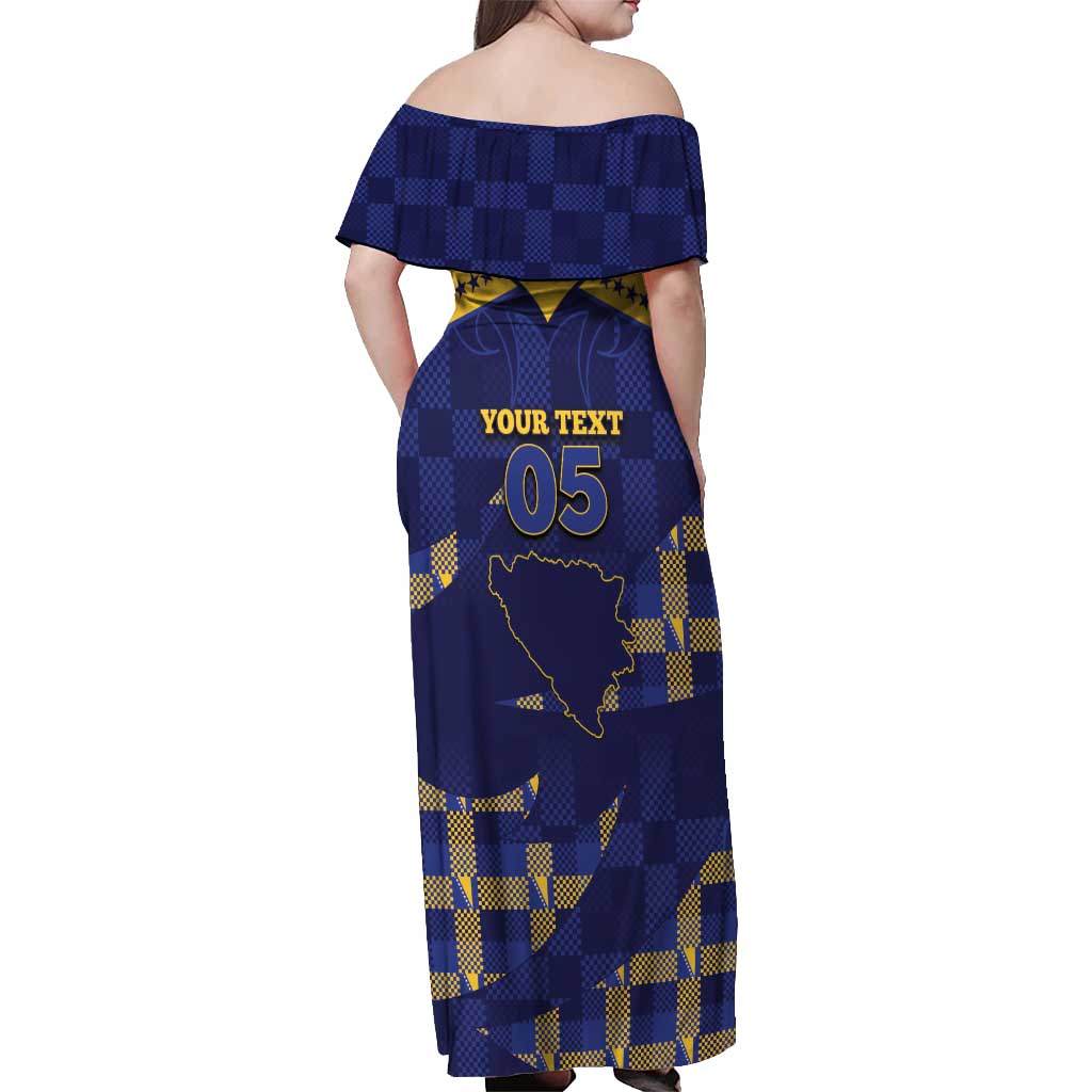 Custom Bosnia And Herzegovina Football Off Shoulder Maxi Dress Fierce Dragon National Stars With Checker Patterns