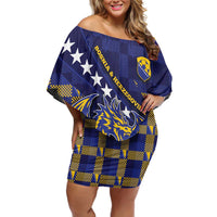 Custom Bosnia And Herzegovina Football Off Shoulder Short Dress Fierce Dragon National Stars With Checker Patterns