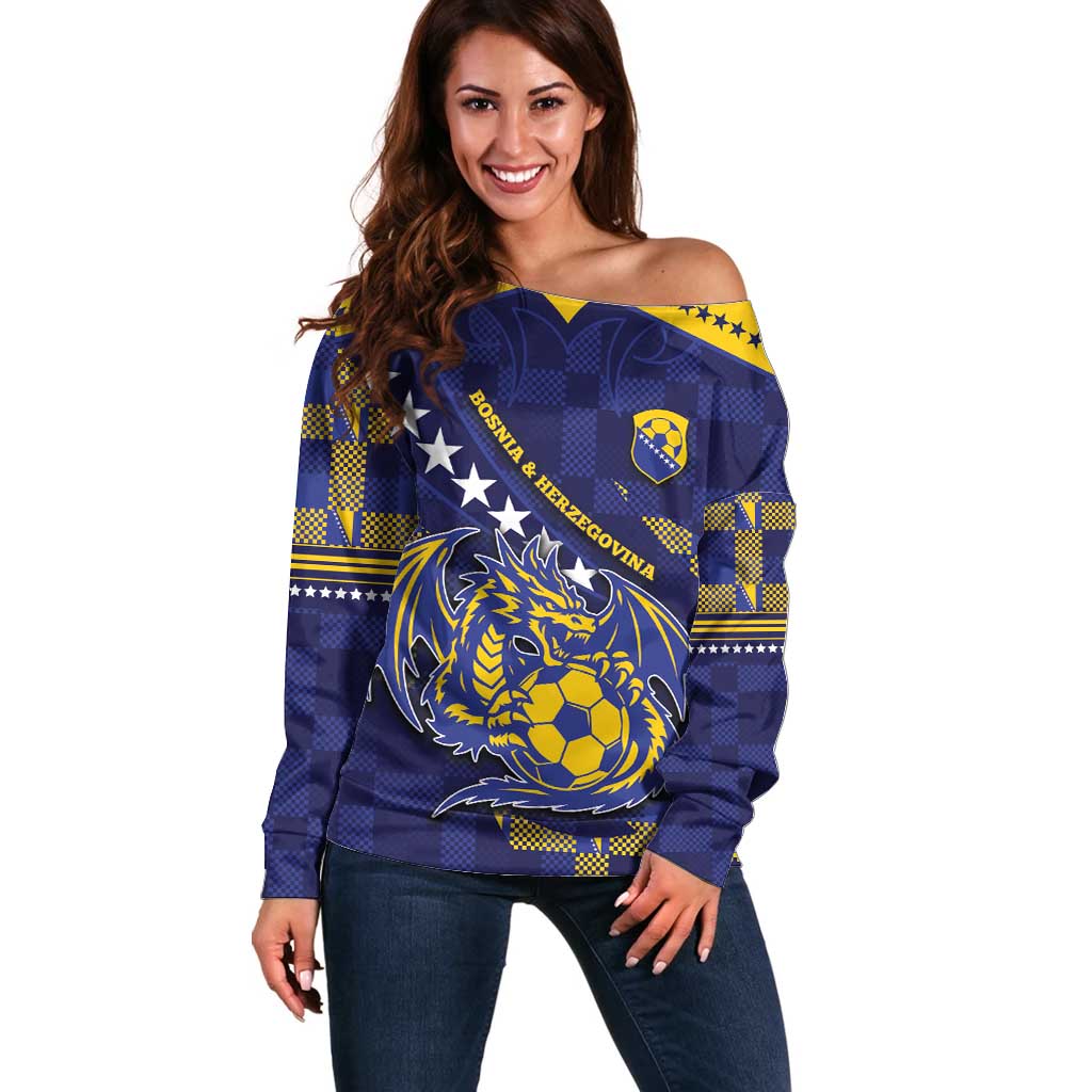 Custom Bosnia And Herzegovina Football Off Shoulder Sweater Fierce Dragon National Stars With Checker Patterns