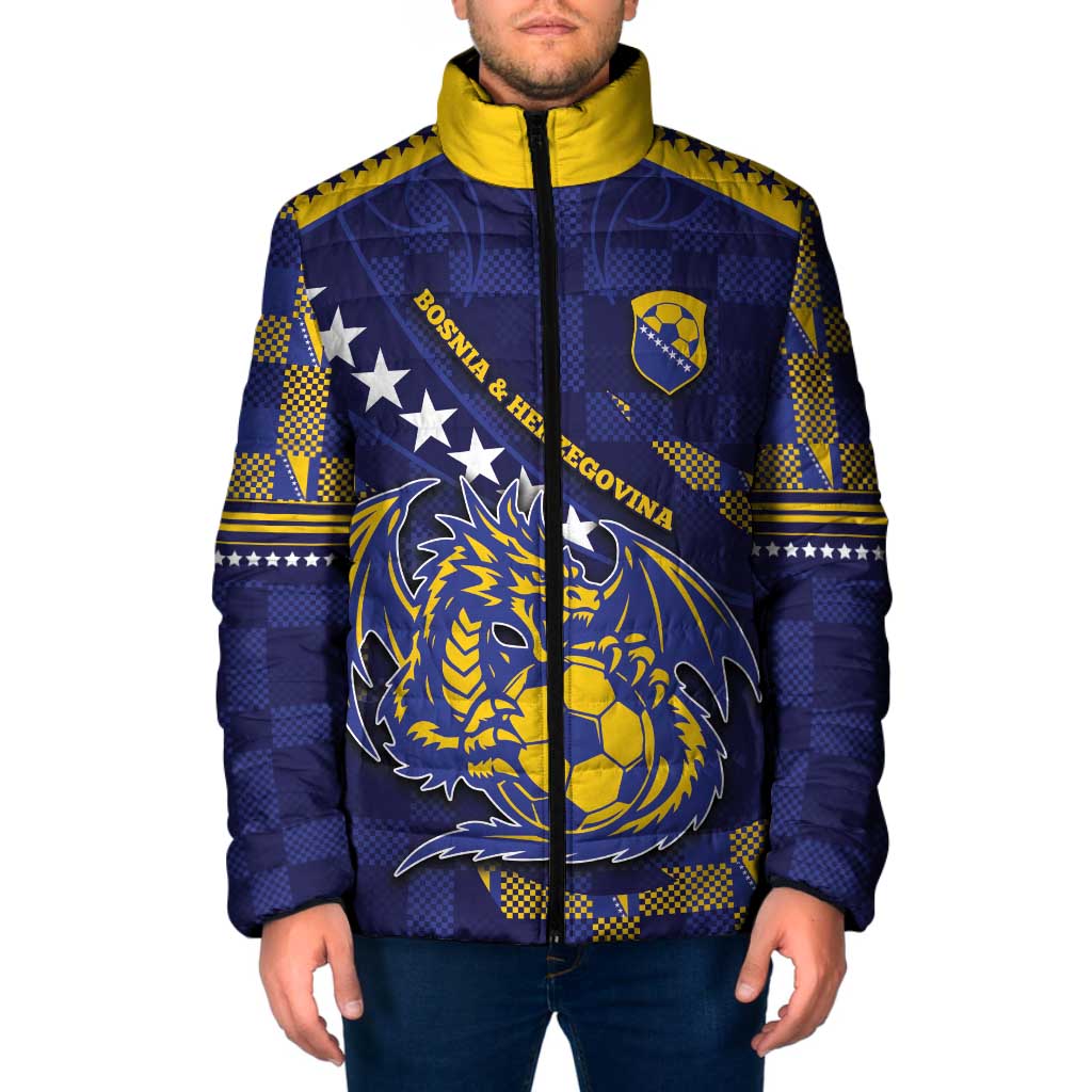 Custom Bosnia And Herzegovina Football Padded Jacket Fierce Dragon National Stars With Checker Patterns