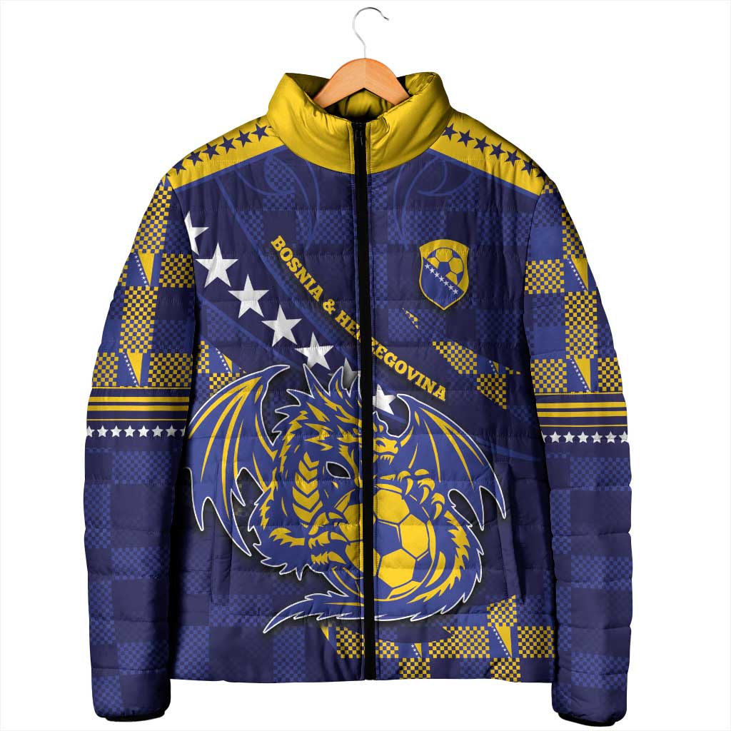 Custom Bosnia And Herzegovina Football Padded Jacket Fierce Dragon National Stars With Checker Patterns