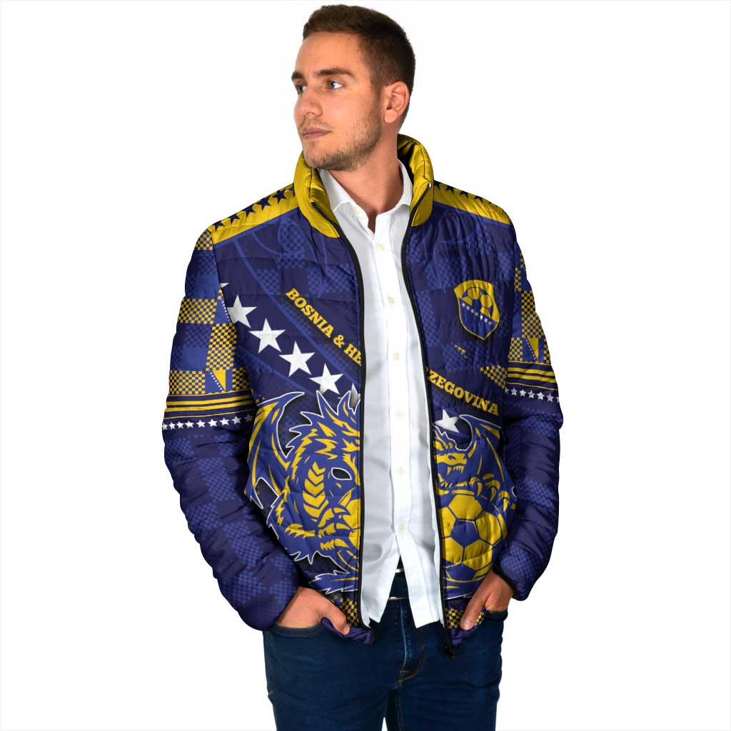 Custom Bosnia And Herzegovina Football Padded Jacket Fierce Dragon National Stars With Checker Patterns
