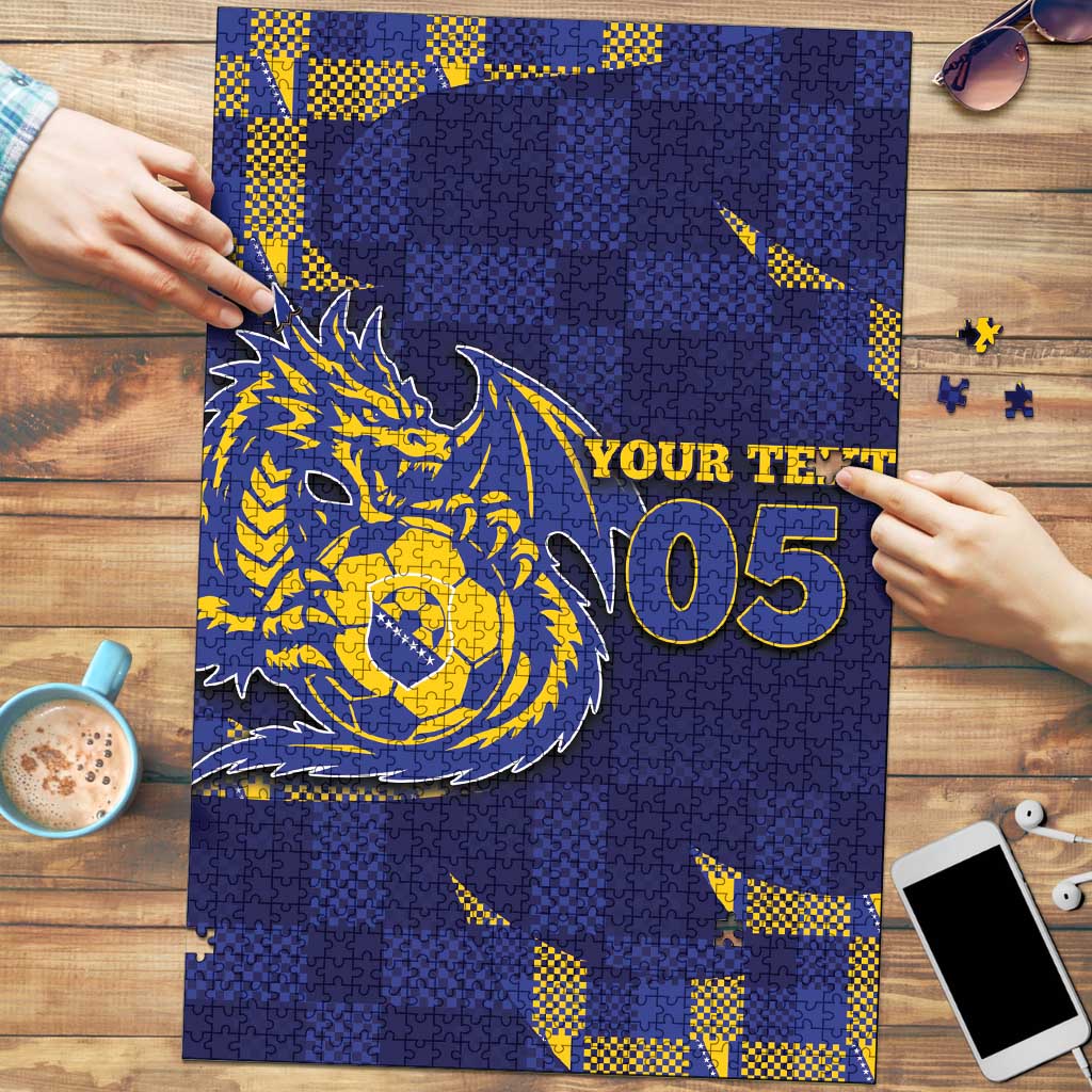 Custom Bosnia And Herzegovina Football Puzzle Fierce Dragon National Stars With Checker Patterns