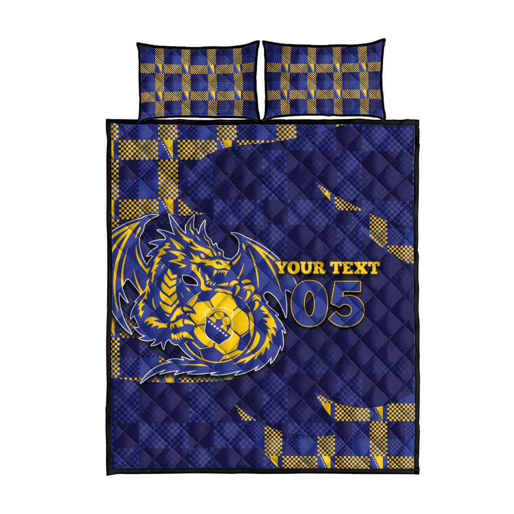Custom Bosnia And Herzegovina Football Quilt Bed Set Fierce Dragon National Stars With Checker Patterns