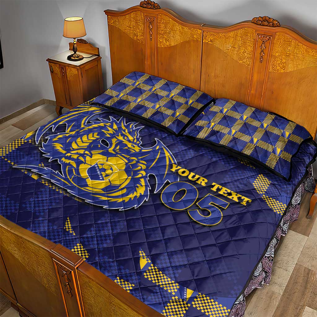Custom Bosnia And Herzegovina Football Quilt Bed Set Fierce Dragon National Stars With Checker Patterns
