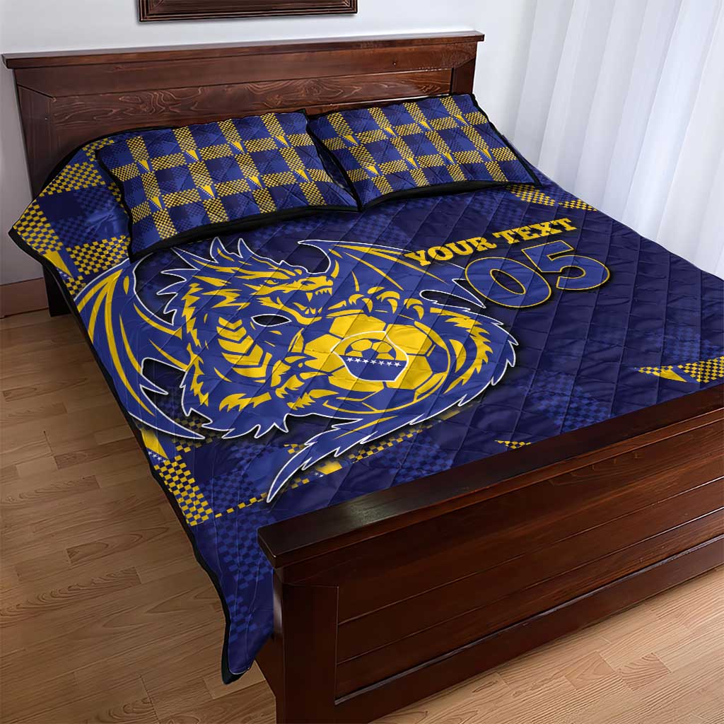 Custom Bosnia And Herzegovina Football Quilt Bed Set Fierce Dragon National Stars With Checker Patterns