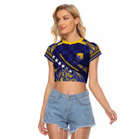 Custom Bosnia And Herzegovina Football Raglan Cropped T Shirt Fierce Dragon National Stars With Checker Patterns