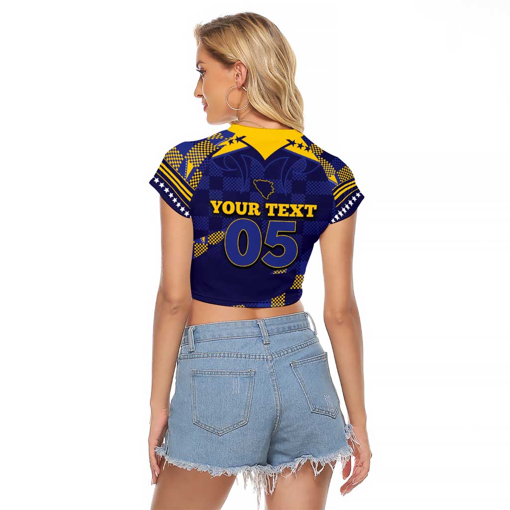 Custom Bosnia And Herzegovina Football Raglan Cropped T Shirt Fierce Dragon National Stars With Checker Patterns