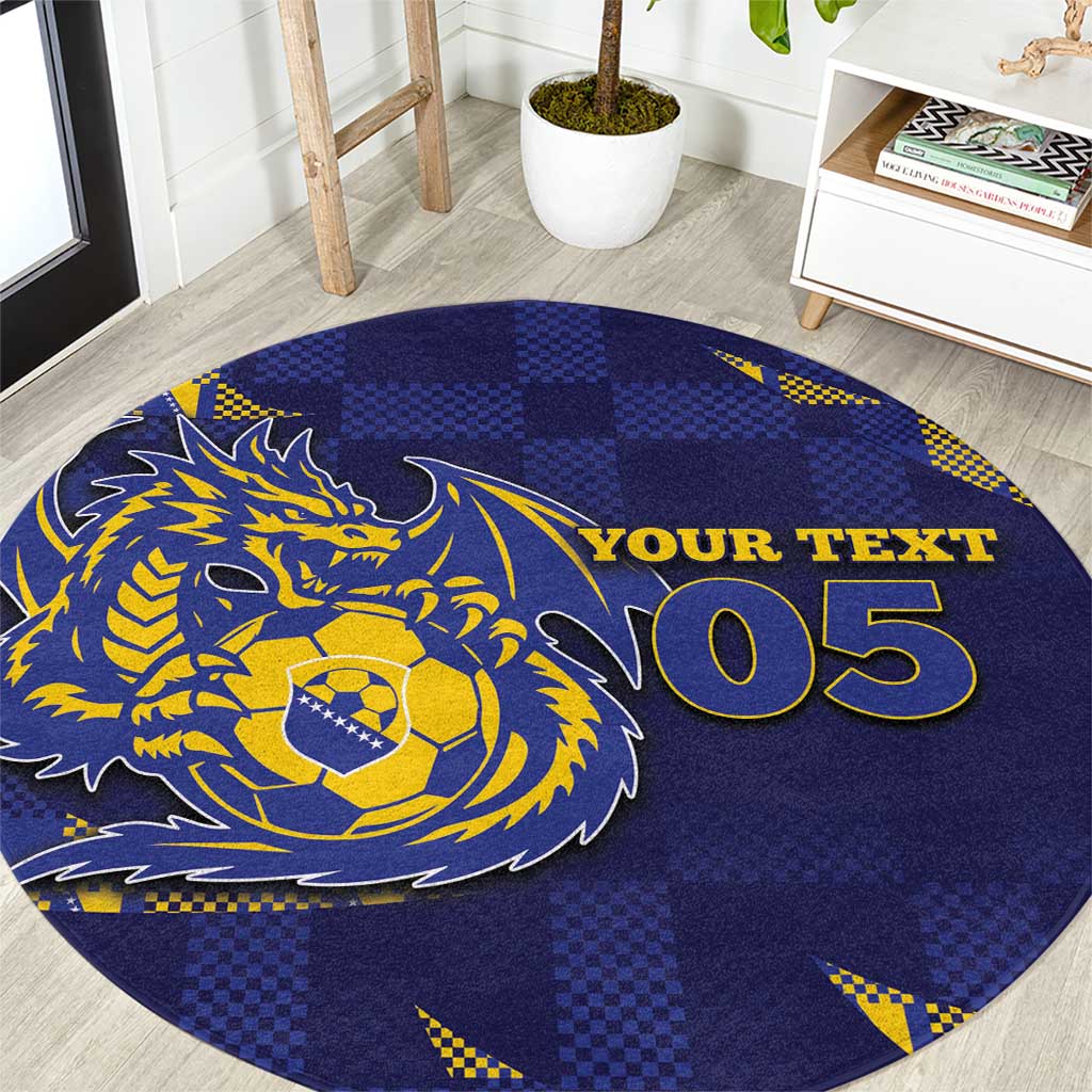 Custom Bosnia And Herzegovina Football Round Carpet Fierce Dragon National Stars With Checker Patterns