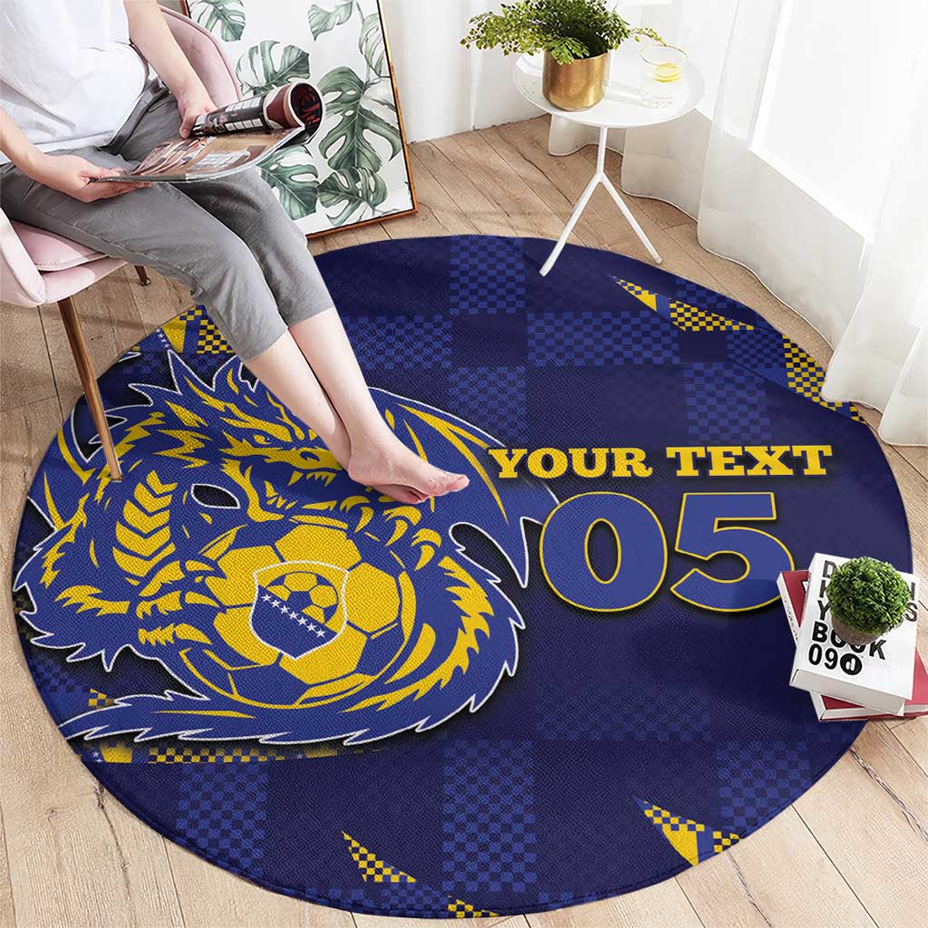 Custom Bosnia And Herzegovina Football Round Carpet Fierce Dragon National Stars With Checker Patterns